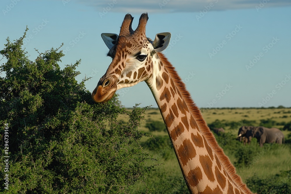 Fototapeta premium Majestic giraffe gracefully gazes over lush savannah landscape,