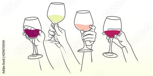 Line drawing of hands holding wine glasses. Hands raising upwards to celebrate and toast.