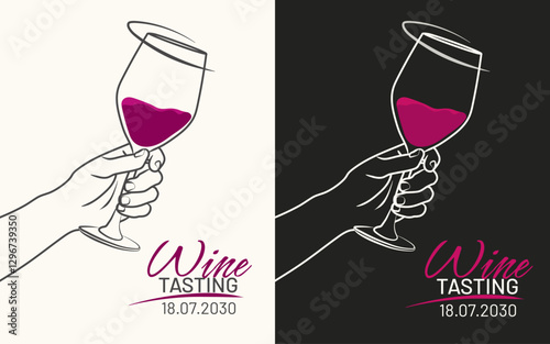 Hand drawn line drawing of red wine glasses for wine tasting.
