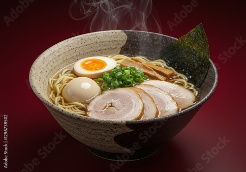 Steaming bowl of savory ramen noodles. photo