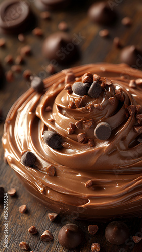 Rich chocolate swirl with chocolate chips and sprinkles on wood