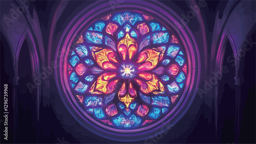 Close-up view of a circular stained glass window.  The window features a symmetrical, floral-like design in shades of purple, pink, blue, and gold.  The colors are vibrant and jewel-toned. The