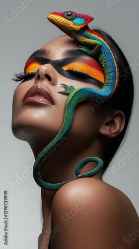 Stunning portrait of an indigenous woman with colorful chameleon artistry