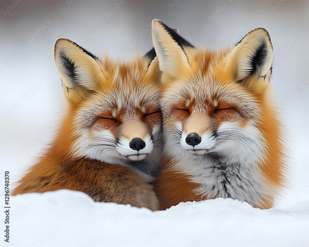 Fototapeta premium Two foxes cuddling in snow