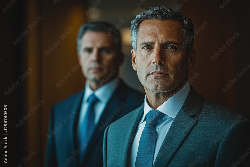 Confident businessman standing with a colleague, showcasing leadership and teamwork in a corporate setting. Confident businessman standing with a colleague, showcasing leadership and teamwork in a corporate setting.