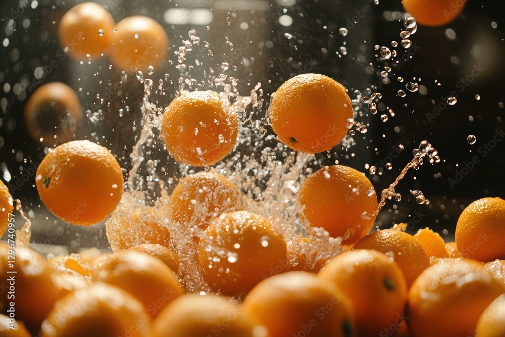 Dynamic splashing of juicy oranges in motion for refreshing beverage inspiration Dynamic splashing of juicy oranges in motion for refreshing beverage inspiration