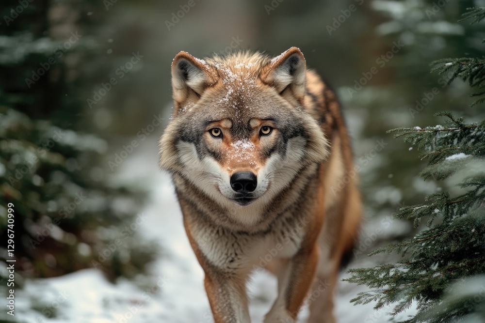 Naklejka premium Majestic wolf walking through snow-covered forest, showcasing in