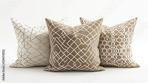 A set of three decorative throw pillows in varying geometric patterns and neutral tones, displayed against a pure white background.