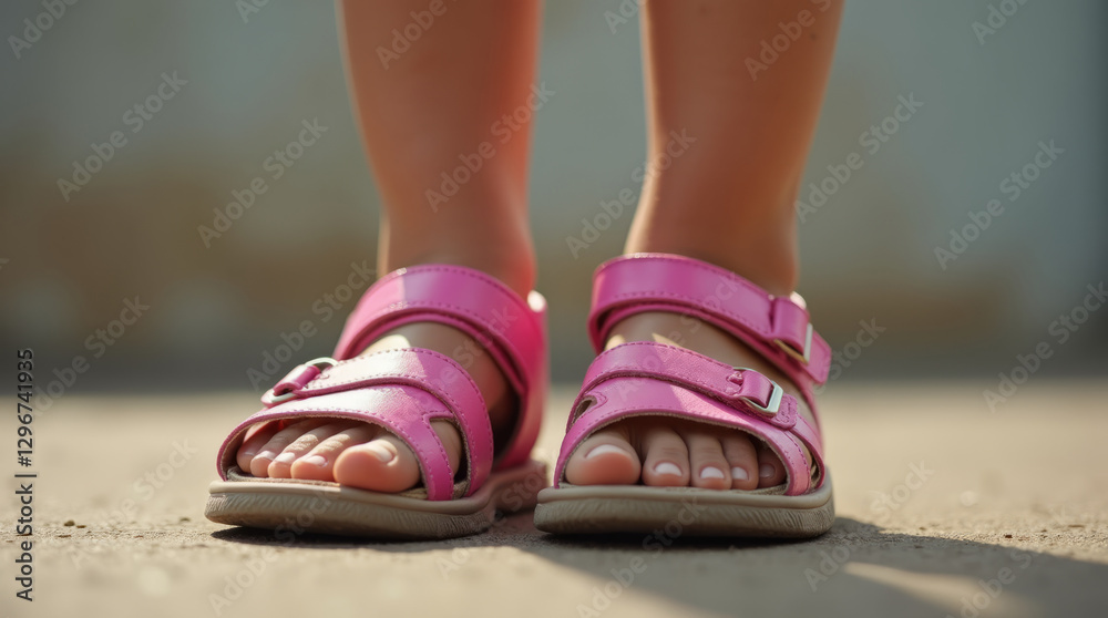 Children's pink sandals on feet close-up Children's pink sandals on feet close-up