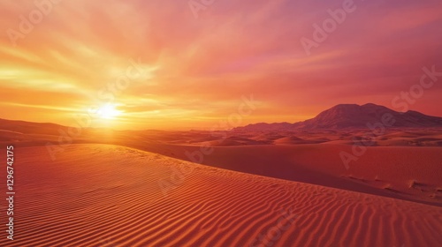 A dramatic desert landscape, with the horizon painted in fiery orange and pink during sunset. photo