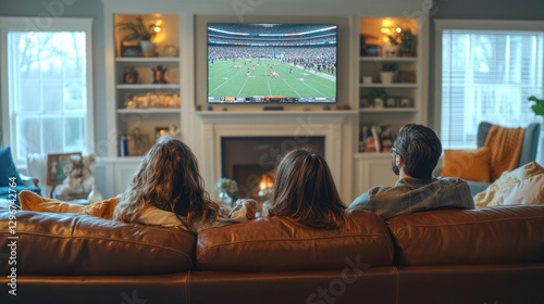 Family watching a football game on TV in a cozy living room.