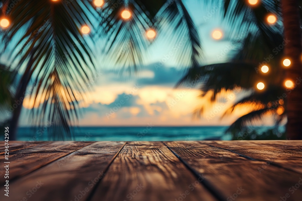 © El Media - Beautiful blurred background of an exotic beach with palm trees and a wooden tabletop for product display, with bokeh lights © El Media - Beautiful blurred background of an exotic beach with palm trees and a wooden tabletop for product display, with bokeh lights