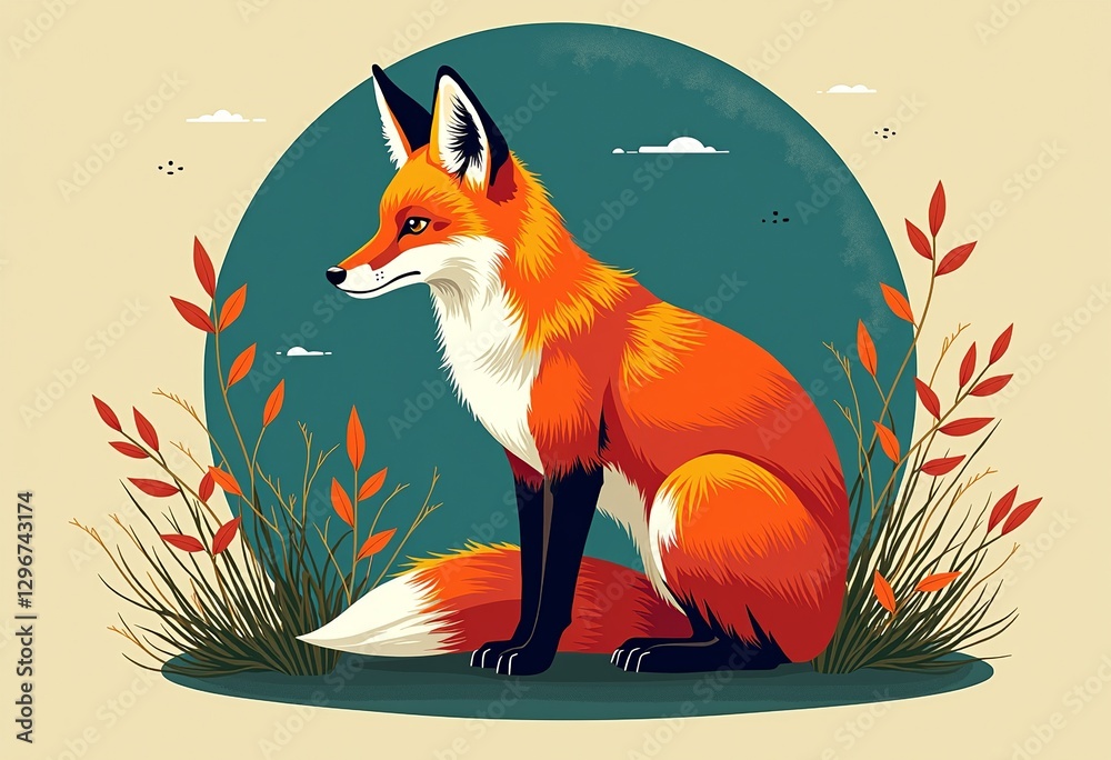 Obraz premium Stylish Fox Art Deco Design: An Illustration with Clear Lines, Doodle Elements, and Smooth, Non-Intersecting Lines, in a Striking Color Palette for Printable Posters.