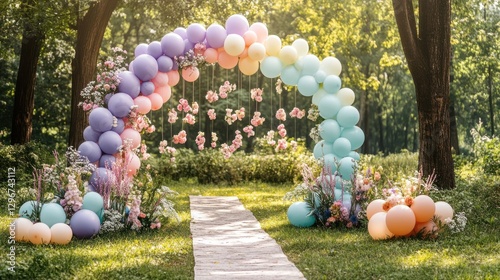 Decorated Balloon Arch with Flowers in a Park for Celebration