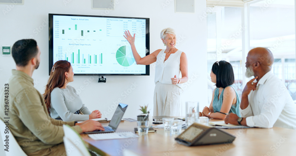 Presentation, business people and finance meeting with chart on screen with statistics for data analysis with SEO and kpi research. Men and women with technology planning marketing and sales vision Presentation, business people and finance meeting with chart on screen with statistics for data analysis with SEO and kpi research. Men and women with technology planning marketing and sales vision