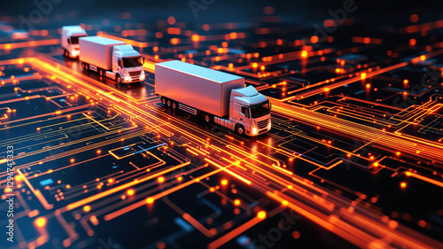 Abstract Circuit Board with White Trucks in Digital Transport Design