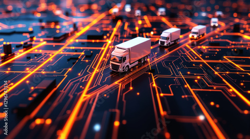 White Delivery Trucks on Abstract Circuit Board Logistics Scene