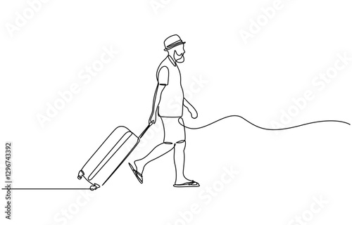 Continuous line drawing of traveler man with luggage, Drawing of young traveler businessman walk outside at international airport with suitcase. Single continuous line art style.