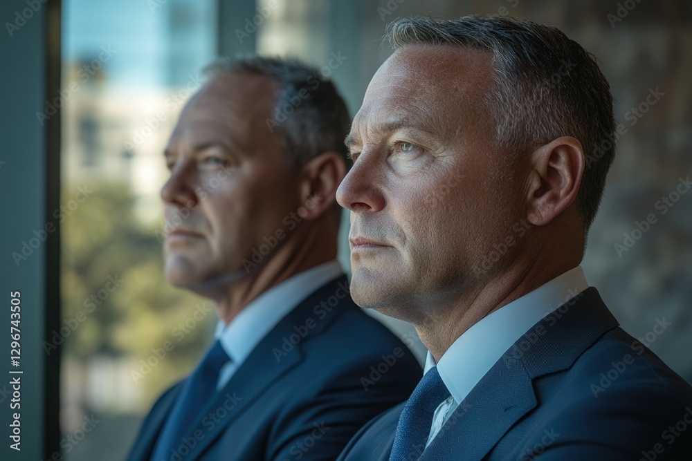 Two serious businessmen in suits look thoughtfully out a window, contemplating business decisions. Two serious businessmen in suits look thoughtfully out a window, contemplating business decisions.