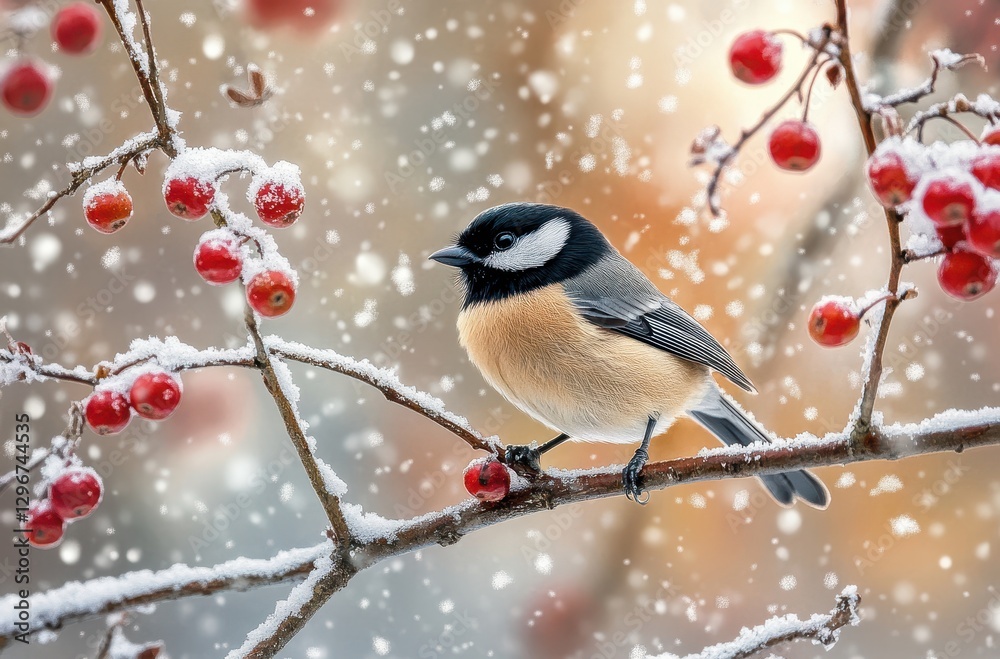 Obraz premium Charming bird perched on snowy branch with vibrant red berries surrounded by delicate snowfall in tranquil winter scene