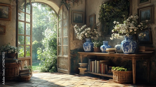 Vintage French Interior Featuring Blue and White Vases, Books, and Moss