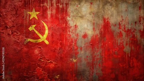 Close-up of dirty USSR flag on metal surface, dirty, faded,  dirty,faded, corrosion, surface, discoloration, metal, grimy