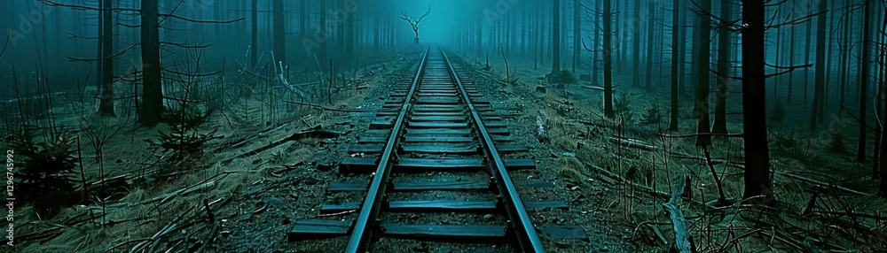 Fototapeta premium A mysterious railway track stretches through a dense, foggy forest, evoking a sense of solitude and intrigue.