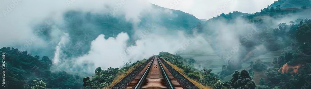 A serene railway track stretches through a misty landscape, framed by lush hills and clouds, evoking a sense of adventure and tranquility. A serene railway track stretches through a misty landscape, framed by lush hills and clouds, evoking a sense of adventure and tranquility.