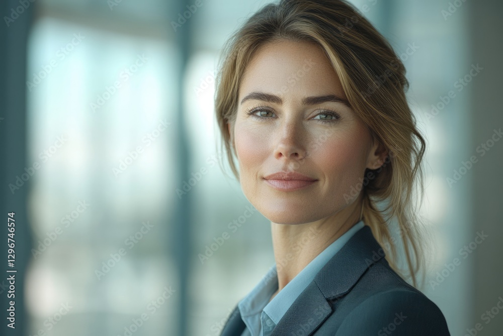 Confident businesswoman with blonde hair, in a smart suit, looks directly at the camera. Confident businesswoman with blonde hair, in a smart suit, looks directly at the camera.