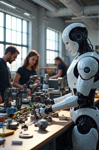 Engineers working with advanced android robots