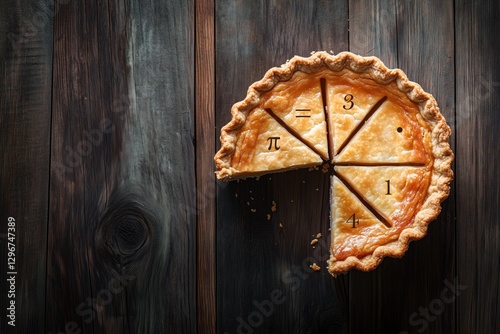 Top view of pie with numbers on the crust in mathematical style against dark wood background with copy space. Happy Pi Day concept.