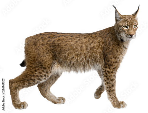 Obraz na płótnie Full body profile of a eurasian lynx walking, isolated on transparent background w salonie