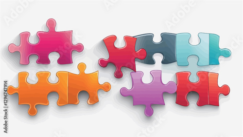 High-angle, close-up view of several colorful jigsaw puzzle pieces arranged on a white background. The pieces are various shades of pink, orange, purple, and blue. They are depicted with slight