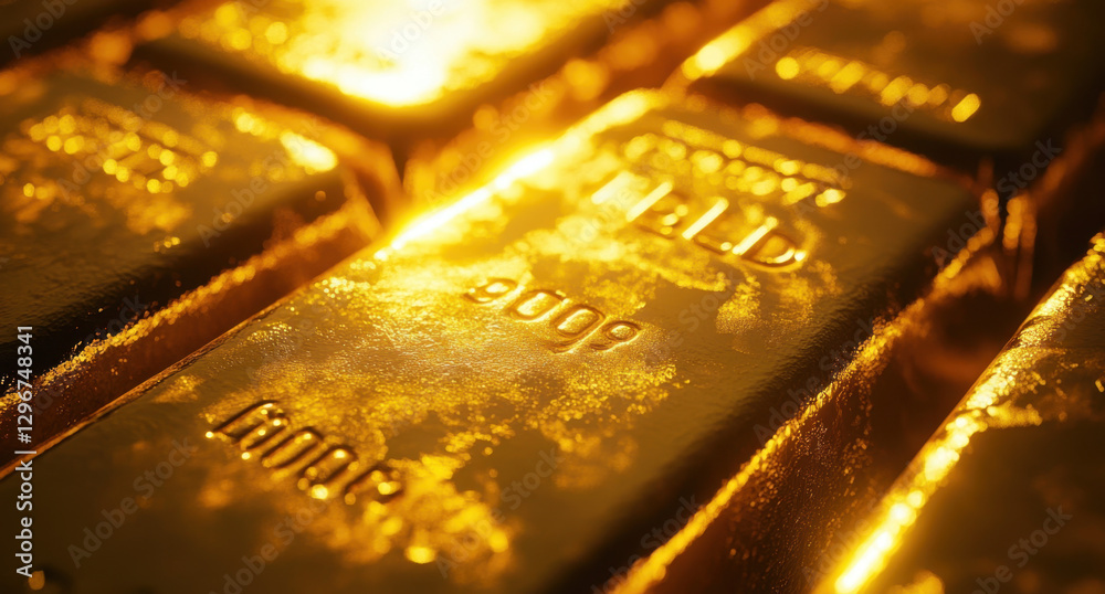 Close inspection reveals glowing gold bars stacked closely together, showcasing their unique markings and reflection of light, creating a stunning visual display Close inspection reveals glowing gold bars stacked closely together, showcasing their unique markings and reflection of light, creating a stunning visual display