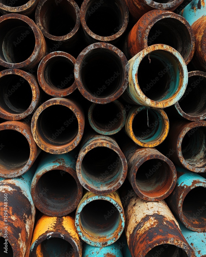 A creative depiction of a stack of old metal pipes, showing varying shades of oxidation A creative depiction of a stack of old metal pipes, showing varying shades of oxidation