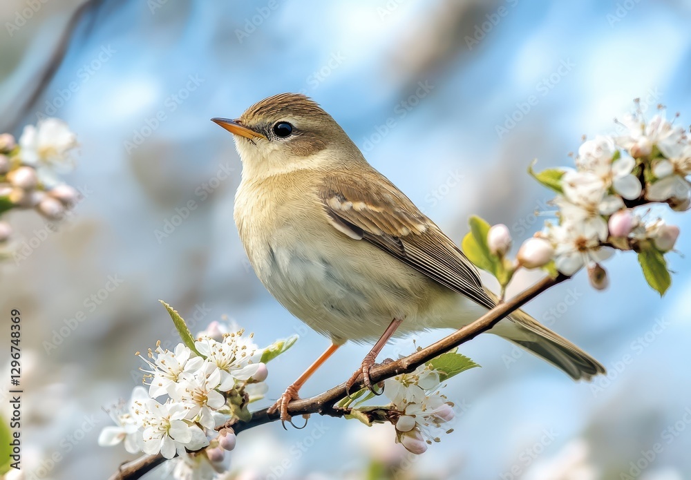 Charming small bird perched gracefully on a branch adorned with delicate spring flowers, surrounded by a soft blue sky, capturing nature's beauty and serenity Charming small bird perched gracefully on a branch adorned with delicate spring flowers, surrounded by a soft blue sky, capturing nature's beauty and serenity