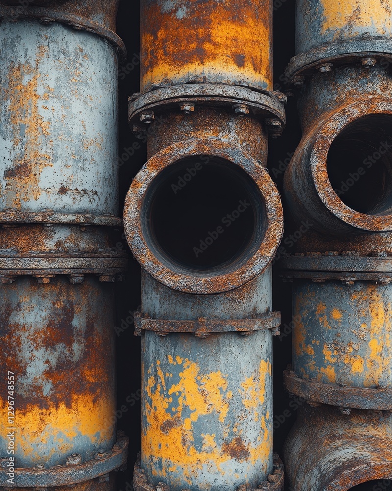 A creative depiction of a stack of old metal pipes, showing varying shades of oxidation A creative depiction of a stack of old metal pipes, showing varying shades of oxidation