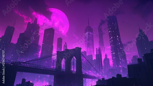Pink moonlit NYC bridge, futuristic cityscape, night
