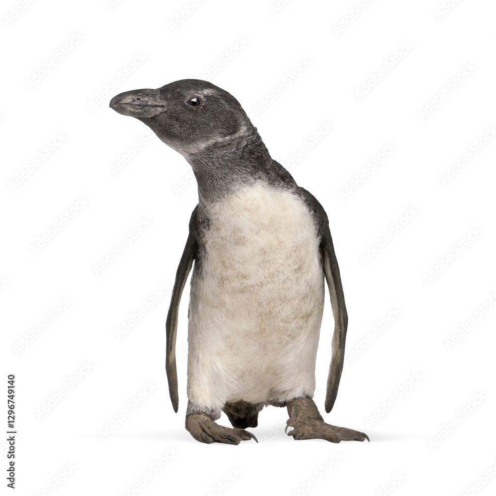 Fototapeta premium Full length view of humboldt penguin walking and looking up, isolated on transparent background