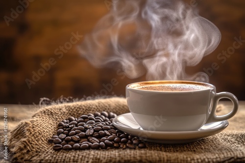 A steaming cup of coffee with coffee beans in the background.