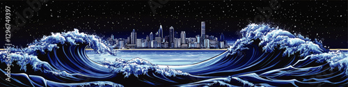 Stunning Vector Artwork of Ocean Waves and City Skyline at Night with Starry Sky, Capturing the Powerful Embrace of Nature and Urban Life in Artistic Harmony