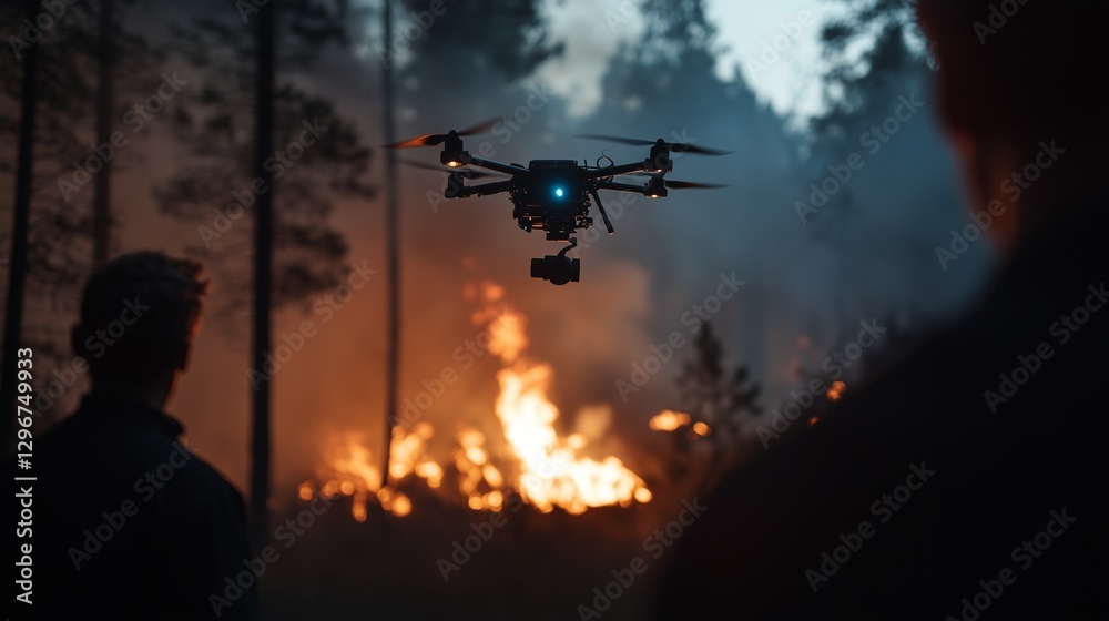 A high-tech drone with thermal imaging cameras hovering over a burning forest, detecting hotspots with precision A high-tech drone with thermal imaging cameras hovering over a burning forest, detecting hotspots with precision