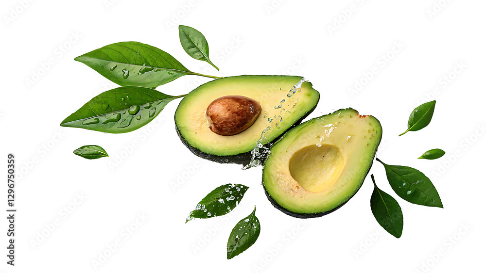 Avocado Halves with Green Leaves and Splashing Liquid on Transparent Background Avocado Halves with Green Leaves and Splashing Liquid on Transparent Background