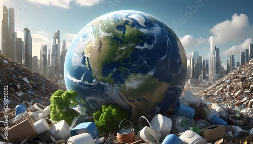 Trash piles, Earth globe, city; pollution crisis.