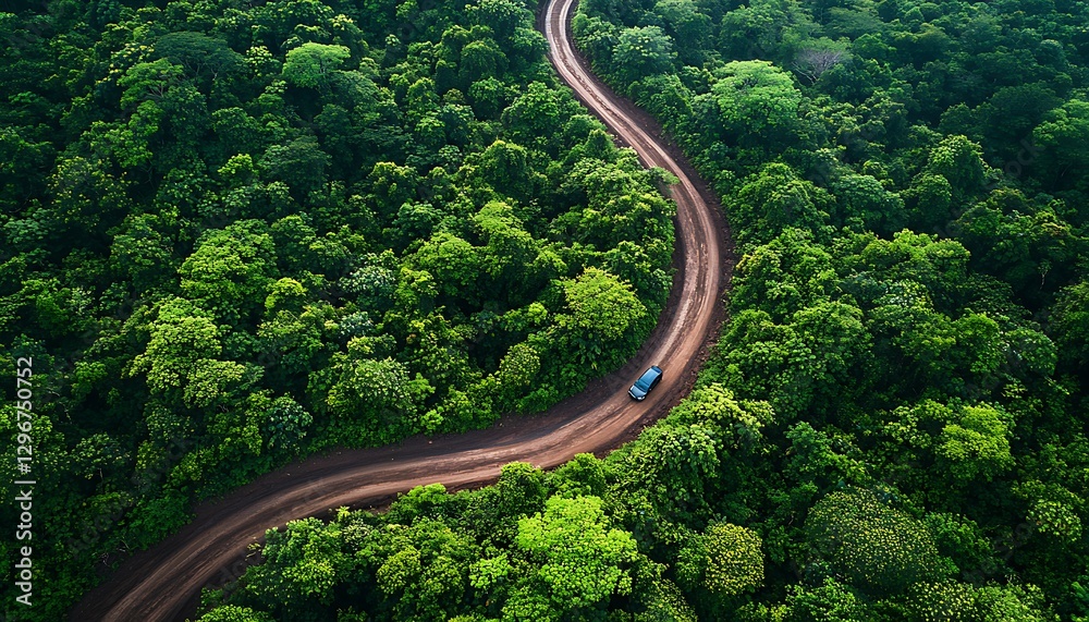Aerial view of a car driving on a winding dirt road through lush green forest. Aerial view of a car driving on a winding dirt road through lush green forest.