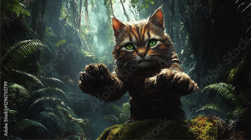 Mystical Cat in Dense Jungle Vector Art - Enchanting Feline in Lush Greenery with Vibrant Eyes and Forest Canopy - Perfect Nature Fantasy Illustration