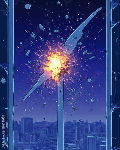 Dynamic Vector Illustration of Wind Turbine Explosion in Cityscape at Dusk Depicting Urban Skyline with Shattered Blades and Vibrant Blue Sky Background