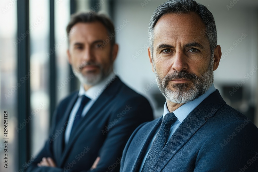 Two confident businessmen in suits, one in sharp focus, exuding professionalism and success. Two confident businessmen in suits, one in sharp focus, exuding professionalism and success.
