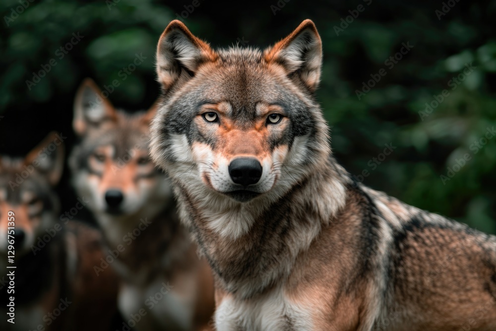Majestic wolves in forest setting, showcasing their striking fea Majestic wolves in forest setting, showcasing their striking fea