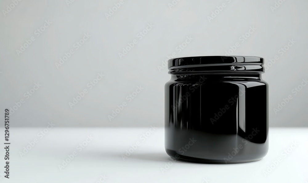 Black glass jar mockup on a white background with blank space for design, close-up. The black mason jar is placed in the lower right corner of the frame against a clean and simple light gray backdrop. Black glass jar mockup on a white background with blank space for design, close-up. The black mason jar is placed in the lower right corner of the frame against a clean and simple light gray backdrop.